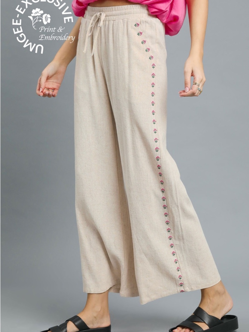 Umgee Natural Wide Leg Linen-Blend Pants with Pink Floral Embroidery